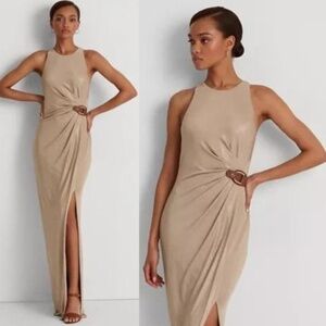 NEW Lauren Ralph Lauren Gold Foil-Print Jersey Dress Size 6